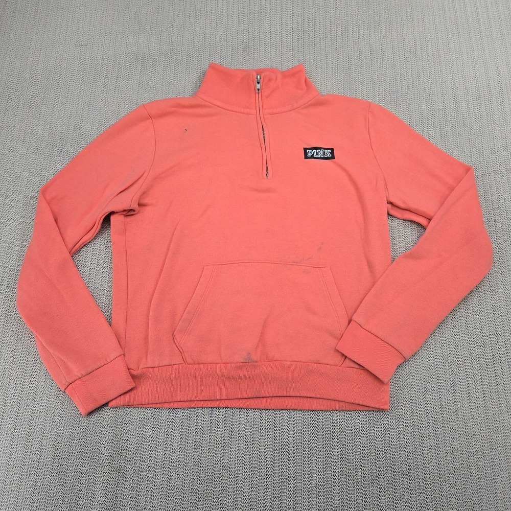Victorias Secret Pink Sweatshirt Womens Medium 1/4 Zip Coral Spellout Logo
